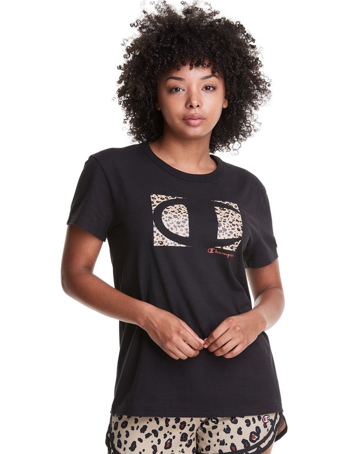 Champion T-Shirt Dames - Zwart - Boyfriend Leopard Colorblock Logo ( 904865-RSE )